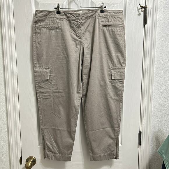 Eileen Fisher Khaki Cargo Pants XL Wide Leg 100% Cotton Ankle Zip Casual - Picture 1 of 4